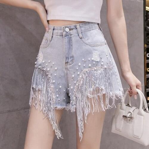 2021 summer new style shorts womens high waist beading heavy industry tassel denim hot pants short jeans female