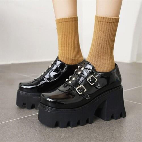 PXELENA Harajuku Japanese Punk Rock Gothic Creepers Women Rivet Buckle Chunky High Heels Platform Shoes Cosplay Plus Size 35-44