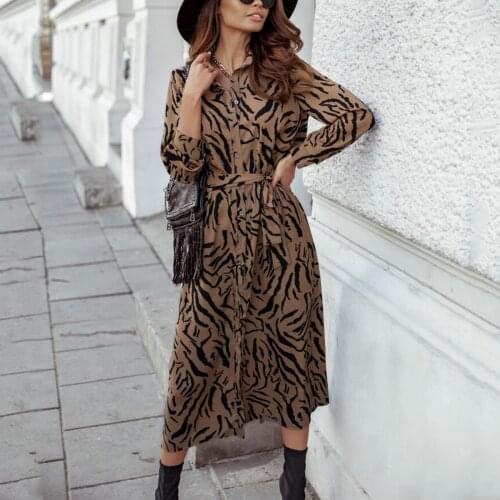 2021 New Stylish Leopard Printed Long Shirt Dress for Women Full Sleeve Single-breasted Female A-line Dress Spring Vestidos
