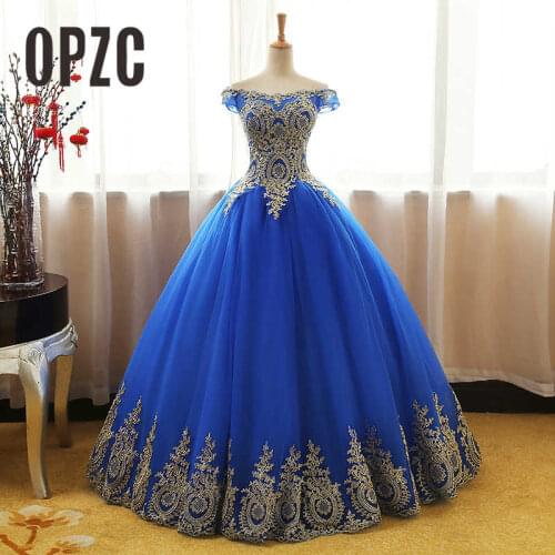 8 Layers Blue RED White Gold Lace Embroidey Quinceanera Dress New Sparkle Tulle Floor-length off shoulder 16 Dress Ball Gown