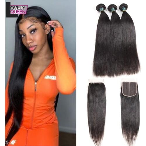 30 Inch Mongolian Straight Hair 3 Bundles With Closure Human Hair Bundles With Closure Non Remy hair Extensions For Black Women