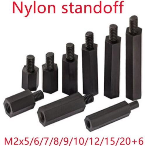 50Pcs Male to female M2*5/6/7/8/9/10/12/15/18/20+6 Black Hex Nylon Standoff Spacer Column Flat Head Nylon Plastic Spacing Screws