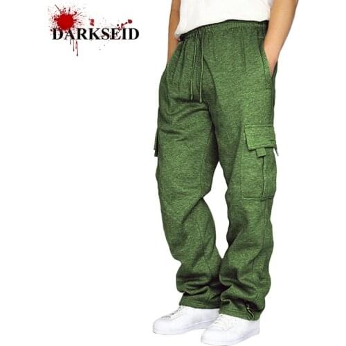 Mens Fashion Pants Solid Color Multi-pocket Loose Pants Casual High Waist Drawstring Cargo Pants