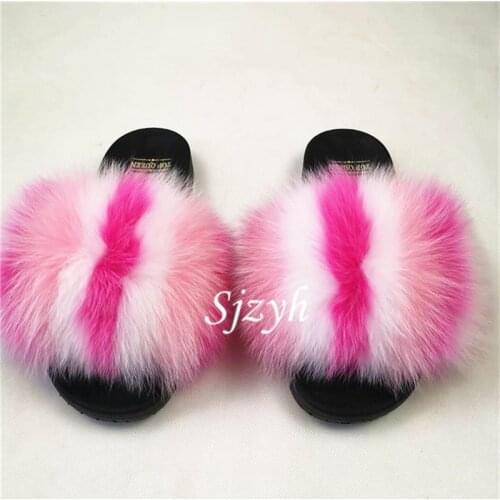 Childrens Furry Slides Womens Fluffy Raccoon Fur Slippers Girl Fur Shoes Outdoor Ladies Sandals Female Plush Home Flip Flops