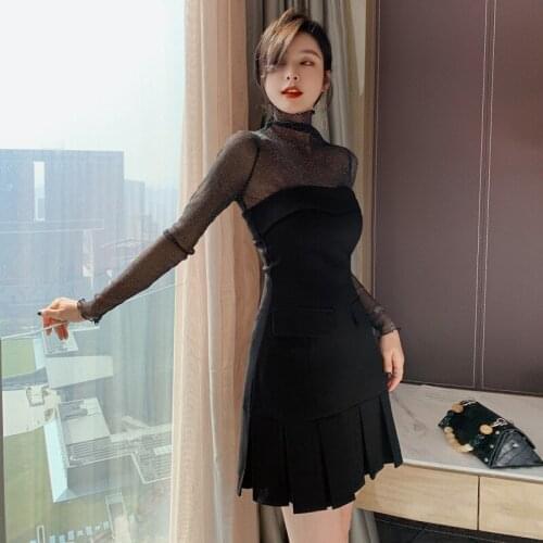 2 Piece Set Black Mesh Long Sleeve Tops and Slash Neck Pleated Dress Tow Piece Set Elegant Office Lady Sexy Party Women Suits