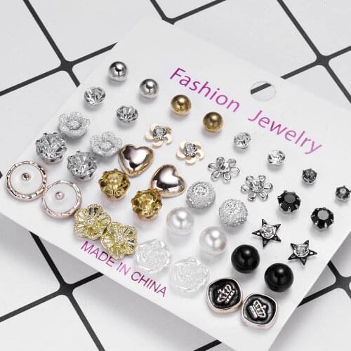 12-20 Pairs Fashion Women Earrings Set Pearl Crystal Stud Earrings Boho Geometric Round Earrings Female Simple Trendy Jewelry