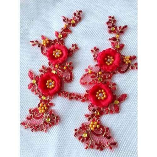 Handmade red/golden sew on peal patches lace applique 28*13cm for top dress skirt