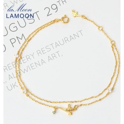 LAMOON Genuine 925 Silver Fairy Tale Magic Lamp Charm Bracelet For Women Natural Blue Topaz 14K Gold Plated Fine Jewelry LMHI028