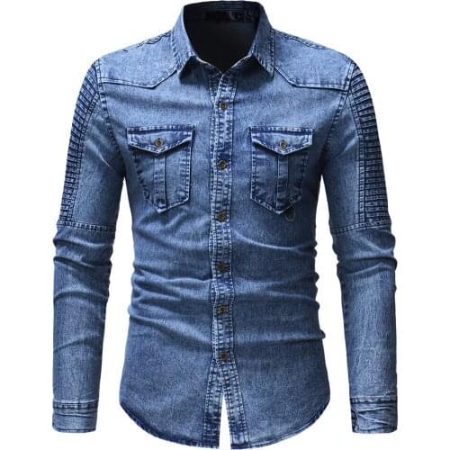 Mens Shirts Spring Autumn Fashion Pleated Stitching Denim Shirts Men Casual Washed Motorcycle Jean Shirt Coat Male