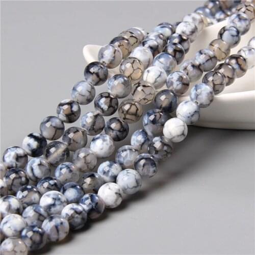Natural Stone White Black Cracked Dragon Veins Agates Diy Necklace Loose Beads for Jewelry Making Bracelets Strand 6/8/10MM 15"