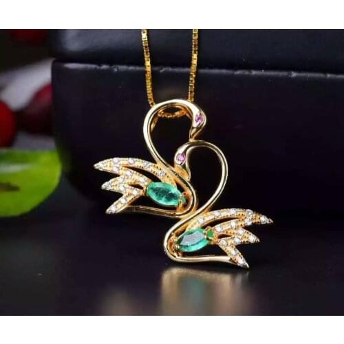 Natural green emerald stone pendant S925 silver Natural gemstone Pendant Necklace trendy Elegant Couple swans women jewelry