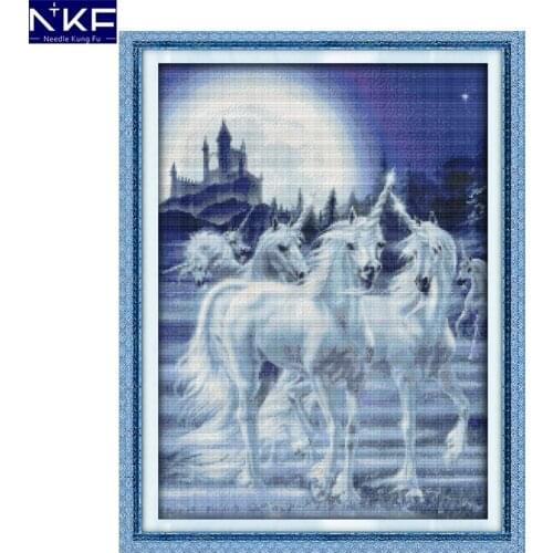 NKF Unicorn Crowing Pattern Handmade Craft Needlework Cross Stitch Set Embroidery Kit Animal Design Stitching Home Decor
