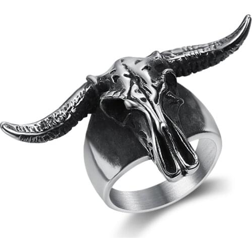 Newest Ram Goat Head Skull Rings Mens Punk Rock 316L Stainless Steel Ring Baphomet Demon Biker Jewelry BR1124