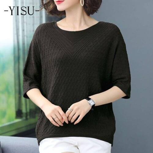 YISU New O-Neck Middle sleeve Sweater Solid color TopS Loose Thin Femalet Knitted Jumper summer clothes for women