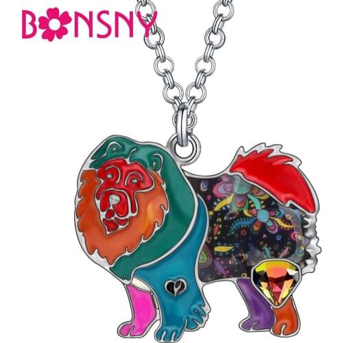 BONSNY Rhinestone Crystal Enamel Alloy Floral Chow Chow Dogs Necklace Pendant Fashion Pets Jewelry For Women Girls Teens Gifts