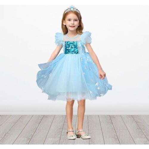 Princess Dress Girl Halloween Costume Fantasy Cosplay Dress for Girls Sequins Snowflake Queen Dress Kids Birthday Party Dress