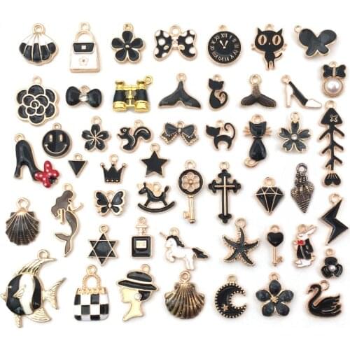 50Pcs Multiple Mix Alloy Enamel Charms Black Flower Fish Pendants for DIY Jewelry Making Necklace Earring Handmade Accessories