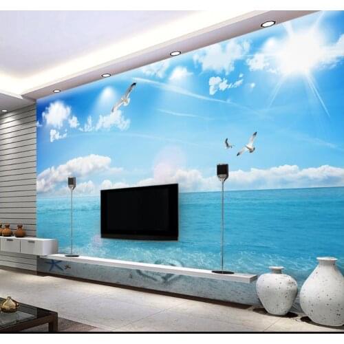 Custom photo wallpaper for walls 3 d Mediterranean mural Blue sky, white clouds, romantic beach, sea view, 3D TV background wall