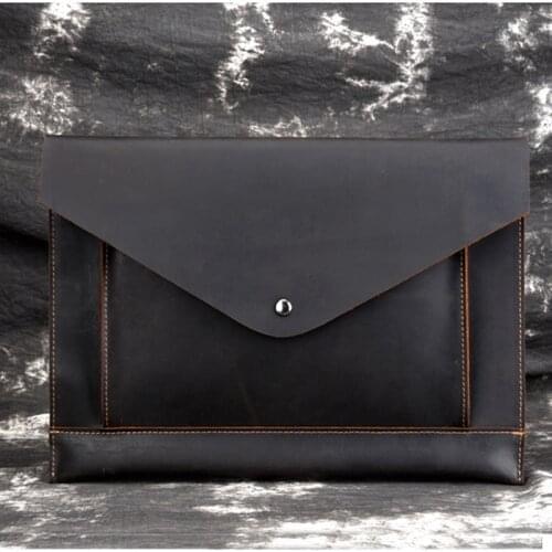 New Men Genuine Leather Handy Briefcase Retro Tablet PC Bag Purse Envelope High Quality Crazy Horse Cowhide Business Clutch Bags