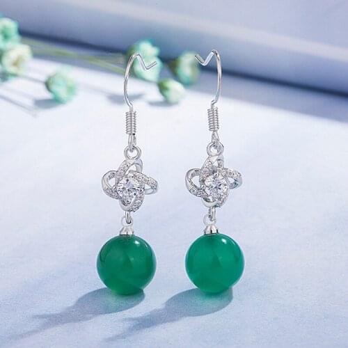 Simple Trendy Green Agate Drop Earrings for Women 925 Silver Ball Ethnic Anniversary Gifts Jewelry Free Shipping SILVER Earring