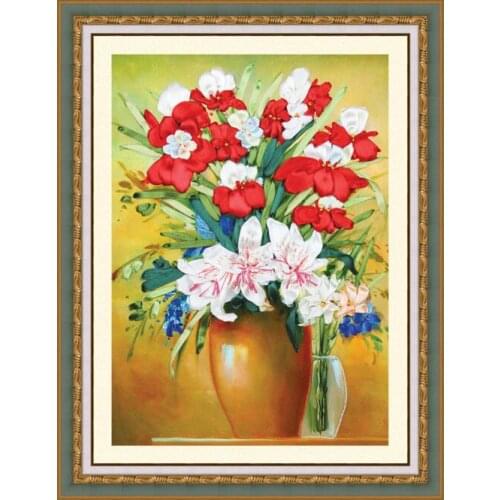 Needlework,DIY Ribbon Cross stitch Set for Embroidery kit,elegant table vase flower ribbon Cross-Stitch handwork home wall decor