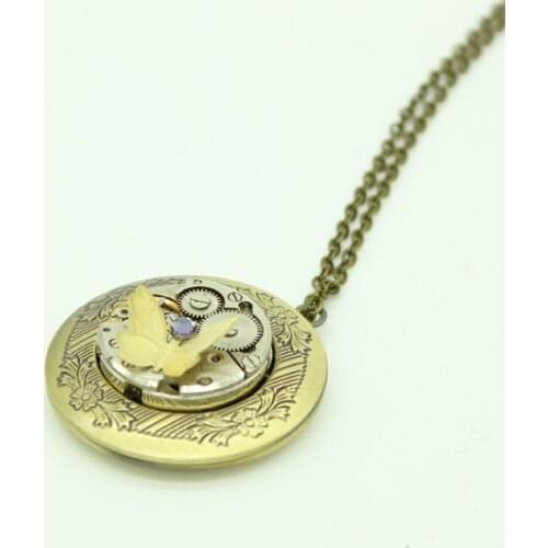 Steampunk Round Locket Necklace With Vintage Watch Movement Crystal Butterfly Necklace Custom Steam Punk Jewelry