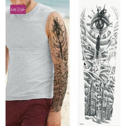 FULL SLEEVE ARM TEMPORARY TATTOO REALISTIC TIMELESS, ROSES, CLOCK, MENS, WOMENS