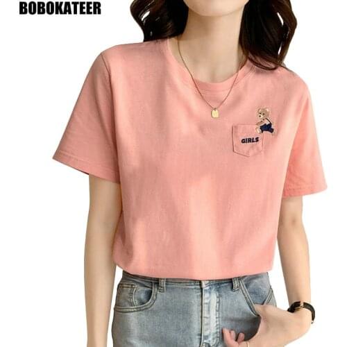 Short Sleeve T Shirt Women Kawaii Clothes Summer Pink Tops Female T-shirt White Casual Embroidered Tee Shirt Korean Fahsion 2021