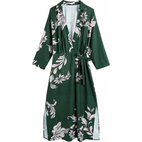 XIKOM 2021 Autumn Women Green Print V Neck Three Quarter Sashes Kimono Female Vintage Slim Mid-Calf Lace Lady Dress