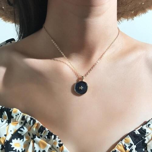 Simple Enamel Stars Moon Heart Round Pendant Necklace for Women Fashion Gold Color Coin Statement finger rings earrings Jewelry
