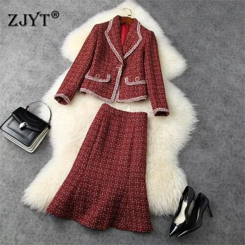 Runway Fashion Vintage Autumn Winter Two Piece Outfit Women Notched Tweed Woolen Blazer and Skirt Suit Set Office Party Twinset
