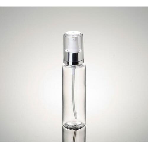 100ML 300 pcs / Lot PLASTIC LOTION PUMP SERUM BOTTLES, Clear OR Blue Bottle with bright silver lotion pump