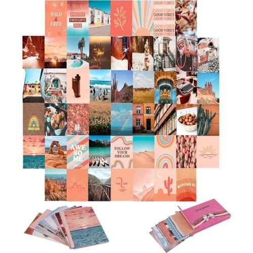 50Pcs Peach Color Theme Boho Style Beach Aesthetic Picture Wall Collage Print Kits for Living Room Dorm Decorations Girls Gift