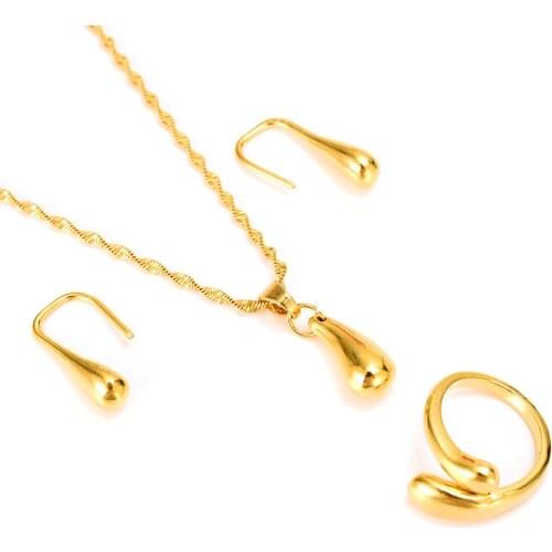 Bangrui Lovely Waterdrop Pendant Necklace & Earrings ring Set Gold wedding bridal Trendy Party Jewelry Sets For Women Gift