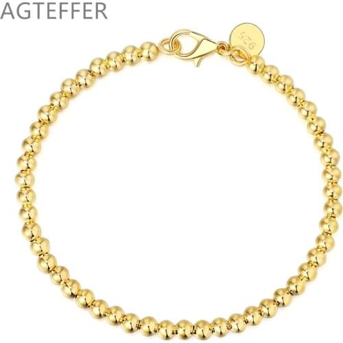 AGTEFFER 925 Sterling Silver Hollow 4mm Gold Smooth Bead Chain Bracelet For Women Wedding Engagement Party Fashion Jewelry