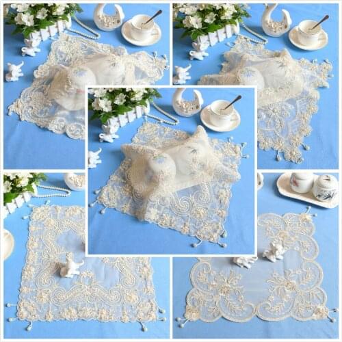European Luxury Mesh Embroidery Beaded Placemat Coaster Balcony Round Table Mat Furniture Dustproof Christmas Wedding Decoration