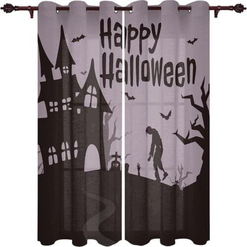 Halloween Castle Bat Tombstone Skull Window Curtains Kitchen Bedroom Drapes Home Decor Luxury Curtains for Living Room