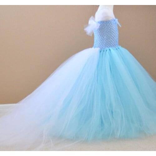 Girls Blue White Trailing Tutu Dress Kids Fluffy Crochet Long Tulle Corset Tutus Ball Gown Children Wedding Party Costume Dress