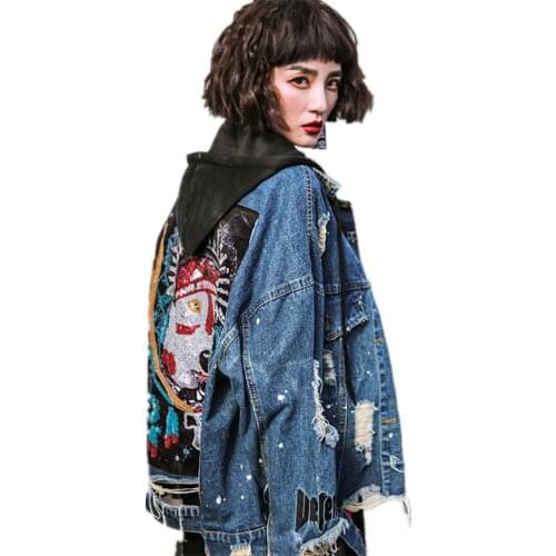 Spring Autumn Female Hooded Denim Jackets Vintage Fashion Hole Long Sleeve Coat Ladies Sequins Letter Print Loose Outerwear Z146