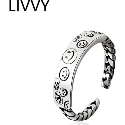 LIVVY Silver Color Retro Stars Smile Face Shape Open Ring Female INS Trend Sweet Sexy Elegant Handmade Hip-hop Ring