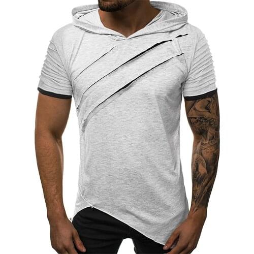 Mens Hooded T-shirt 2021 Summer Short Sleeve Black Fashion Ripped Hole Tees Shirts Men TShirts Tops Plus Size 2XL White Young