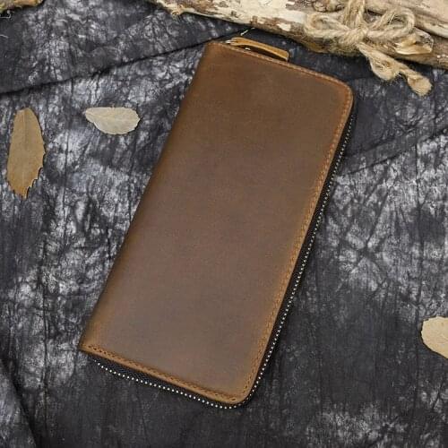 Mens Crazy horse Leather long zipper wallet,Zip around leather Clutch Wallet with phone pocket and coin pocket wallet brown