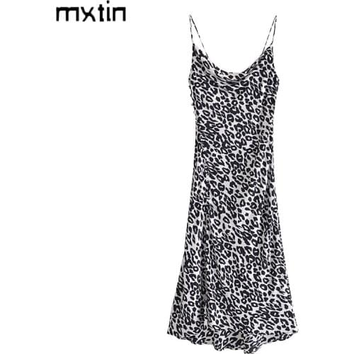 MXTIN 2021 Women Summer Fashion Animal Print Split Midi Dress Vintage Sleeveless Backless Button Female Party Dresses Vestidos