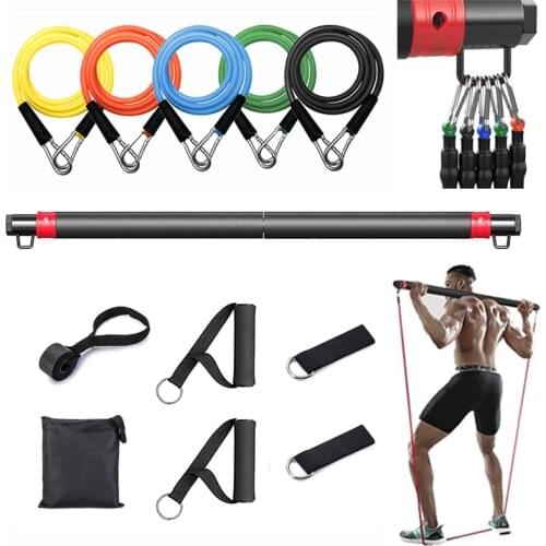 Resistance Band Set with Strength Training Bar Yoga Pull Rope Elastic Fitness Bands Exercise Gym Equipment for Home Bodybuilding