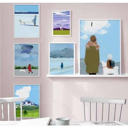 Vintage Girl and White Dog Wall Art Mountain Sun Landscape Canvas Painting Nordic Poster and Print Picture for Living Room Decor