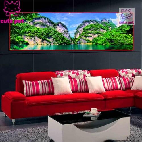Natural scenery diamond painting Blue sky and white clouds mountains river DIY Wall home art embroidery Mosaic rhinestone large