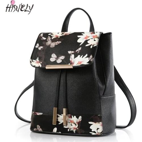 2021 New Women Black Backpacks European Style PU Leather Floral Printing Backpacks Fashion Students Casual Girls Mochilas Bolas