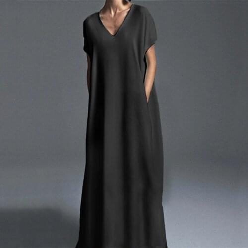 ZANZEA Women Loose Long Pockets Dress Vintage Kaftan Short Sleeve Sundress Women V-Neck Solid Floor Length Vestidos