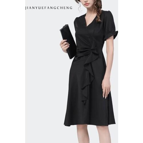 Knee-Length Black Satin Dress Women Summer Elegant V-Neck Short Sleeve Defined Waist A-Line Ruffles Dresses Plus Size 2021 New