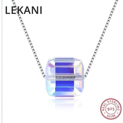 LEKANI Simple Cube Beads Crystals From SWAROVSKI Pendants Necklaces Colorful Collares For Women Real S925 Silver Fine Jewelry
